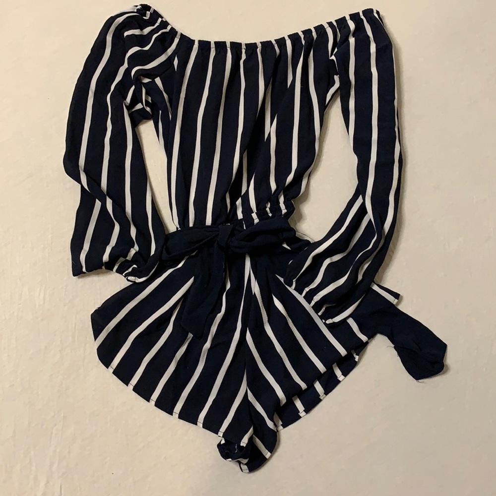 Navy and White striped romper